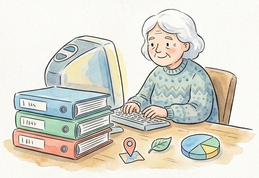 Grandmother researching family history at her desk